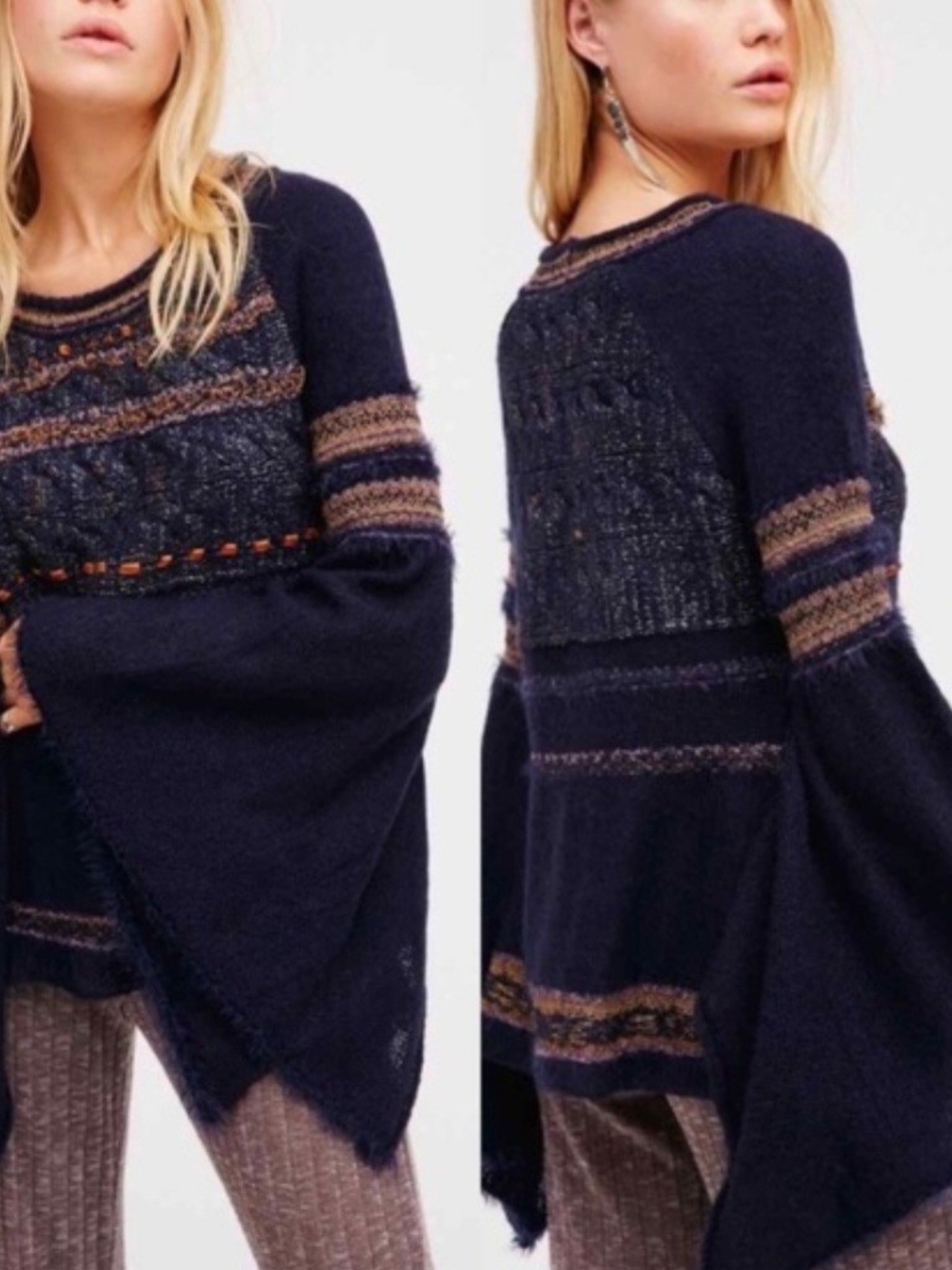 Free People Navy Knit Bell-Sleeve Poncho Sweater with Brown Accents